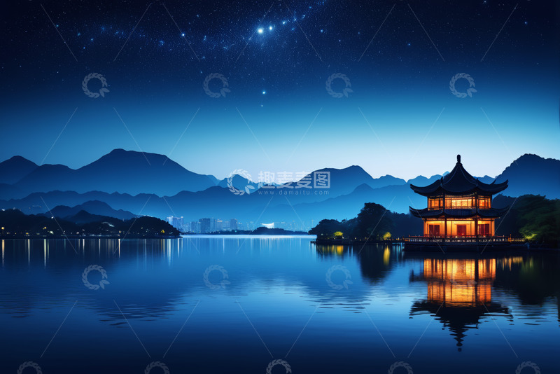 高清大图下载【趣麦麦图】湖畔古亭夜景山水风光