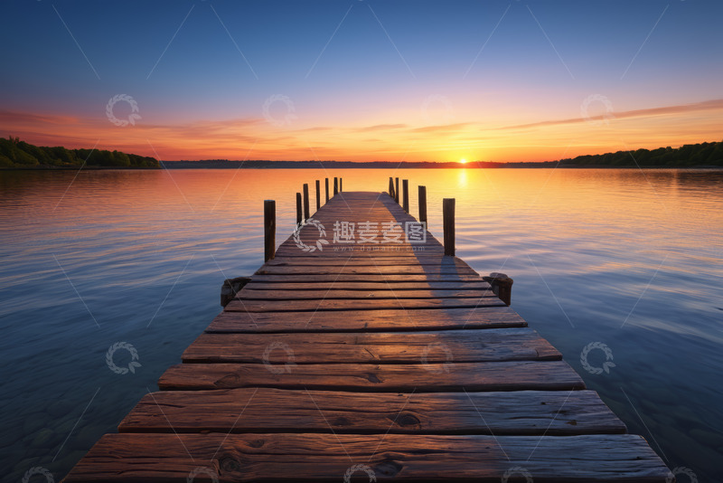 高清大图下载【趣麦麦图】湖畔码头日落风景