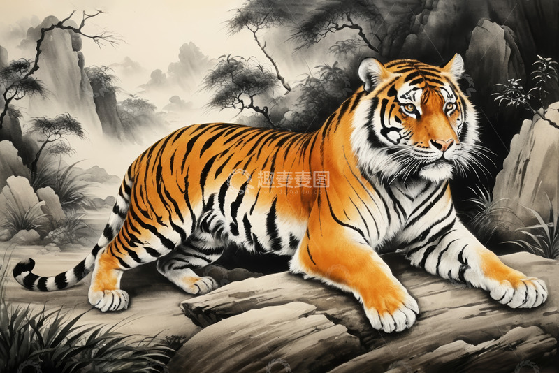 高清大图下载【趣麦麦图】中式山水背景下的老虎