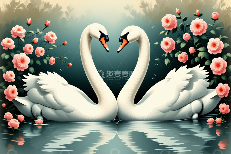 高清大图下载【趣麦麦图】双天鹅水中成心形与玫瑰相伴