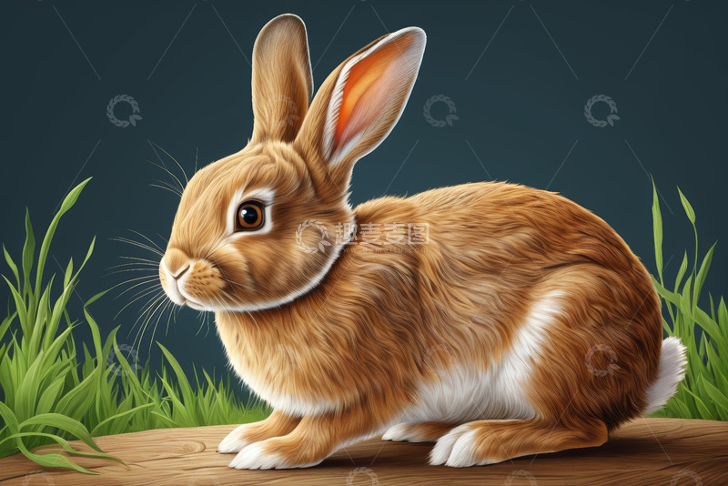 高清大图下载【趣麦麦图】棕色兔子草地木板上蹲坐
