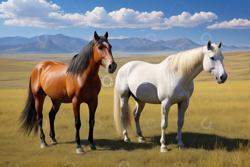 高清大图下载【趣麦麦图】草原上两匹马的自然景象