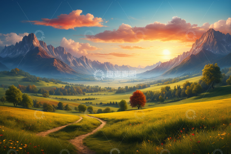 高清大图下载【趣麦麦图】山间草地日落风景