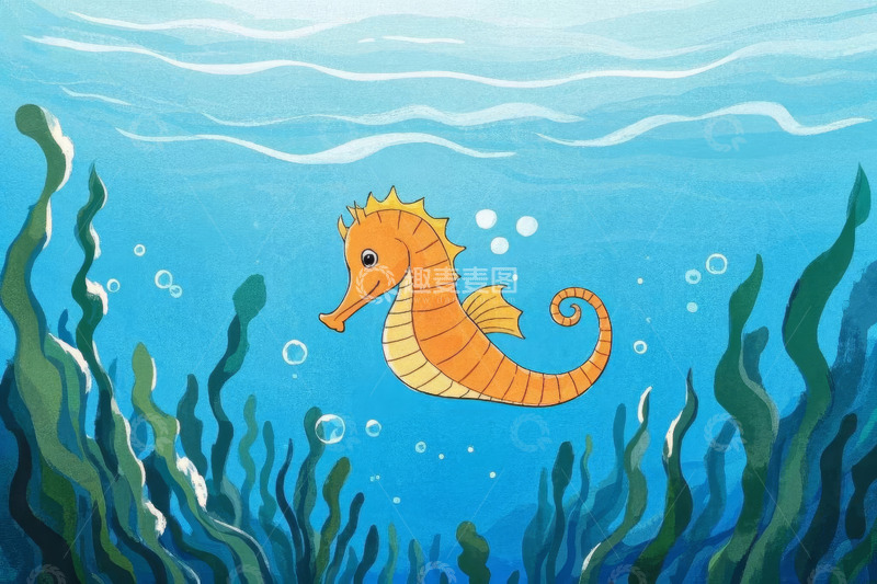 高清大图下载【趣麦麦图】海洋中卡通海马在海藻间游动