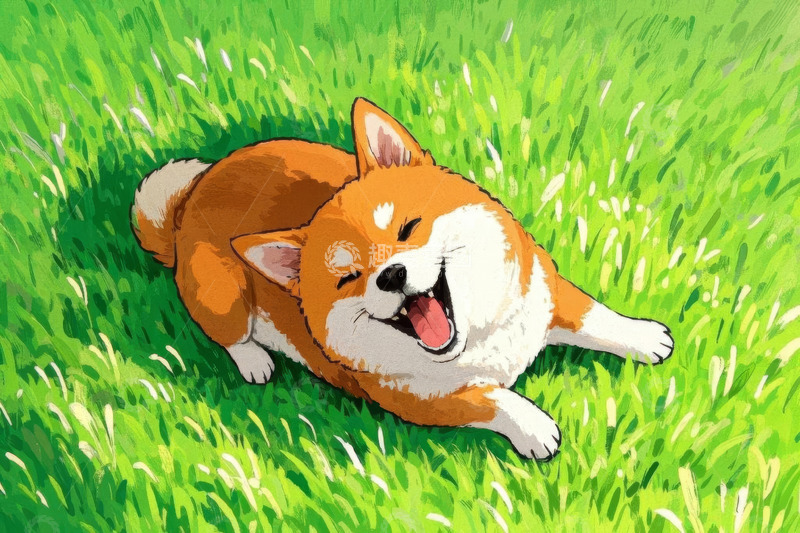 高清大图下载【趣麦麦图】草地上躺卧的开心柴犬