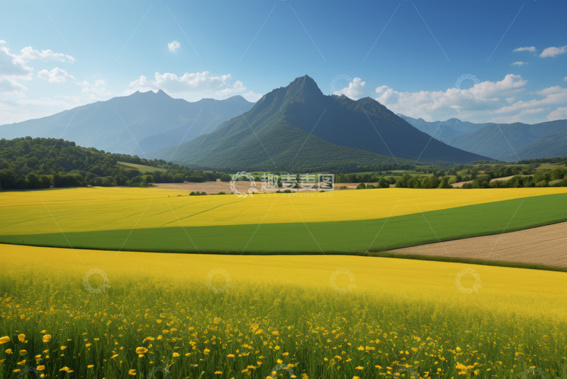 高清大图下载【趣麦麦图】黄绿相间田野与远山风景