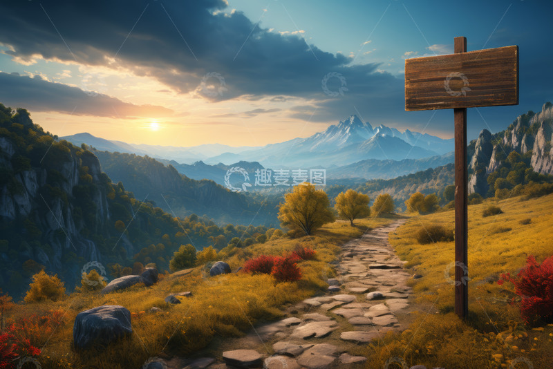 高清大图下载【趣麦麦图】山间小径旁的空白木标牌风景