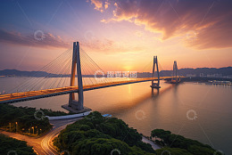 日落时分跨海大桥全景