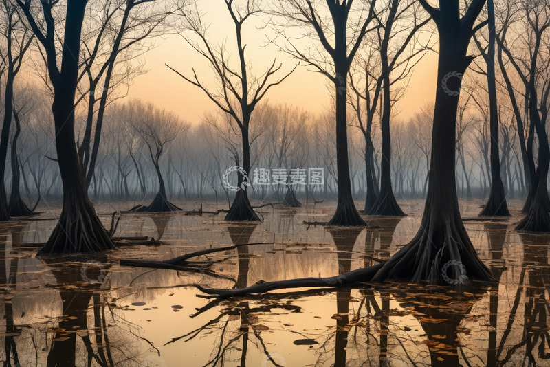 高清大图下载【趣麦麦图】日出时的水上森林景观