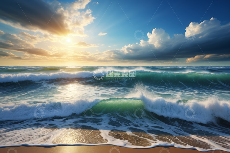 高清大图下载【趣麦麦图】海边日出海浪拍打沙滩场景
