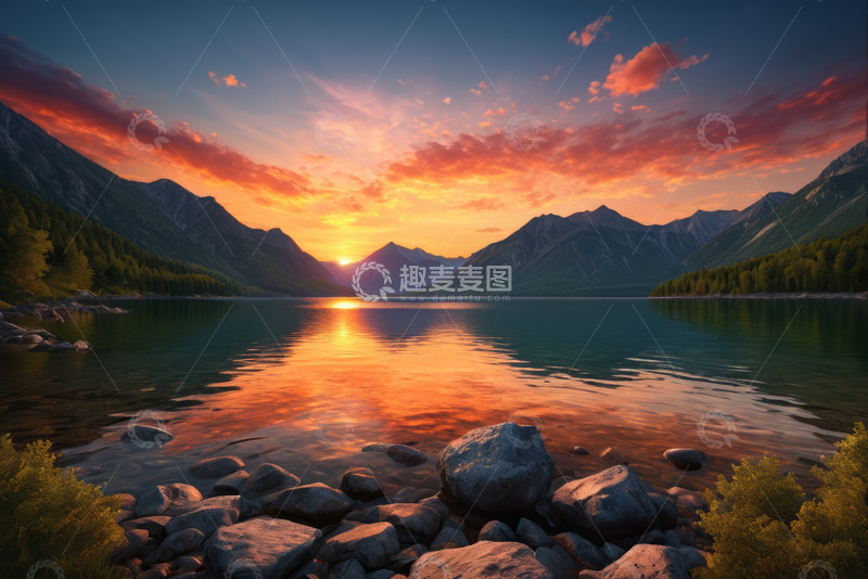 高清大图下载【趣麦麦图】山间湖泊日落自然风光