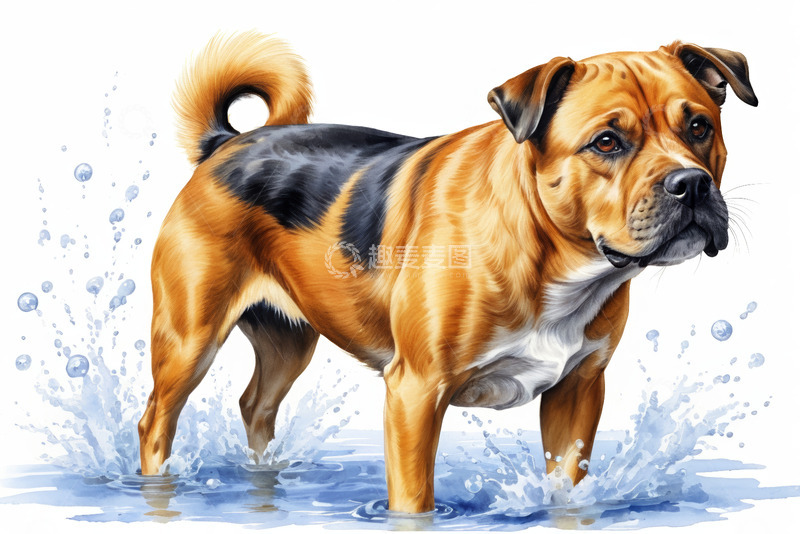 高清大图下载【趣麦麦图】水中站立的狗插画