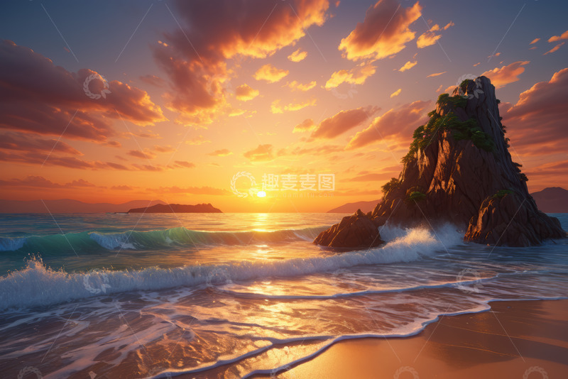 高清大图下载【趣麦麦图】海边夕阳下的礁石与海浪