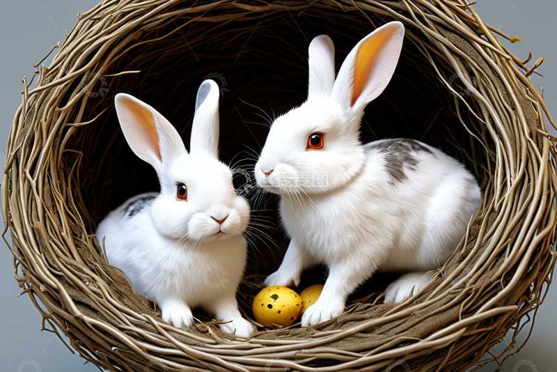 高清大图下载【趣麦麦图】鸟巢中两只白兔与彩蛋画面