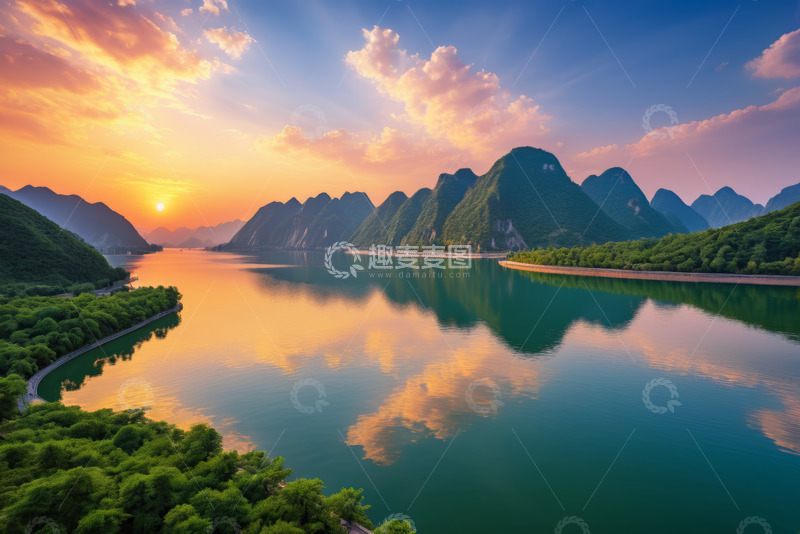 高清大图下载【趣麦麦图】山水间夕阳美景