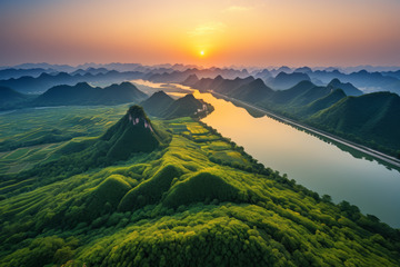 航拍山水间日落全景