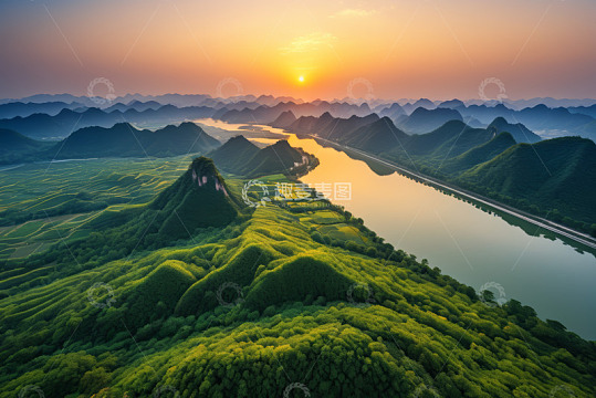 航拍山水间日落全景