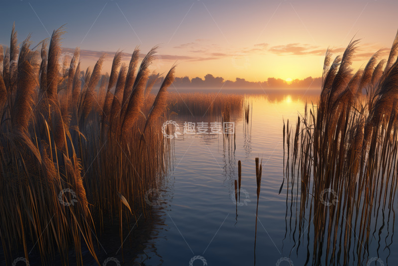 高清大图下载【趣麦麦图】湖畔芦苇丛日出自然风光