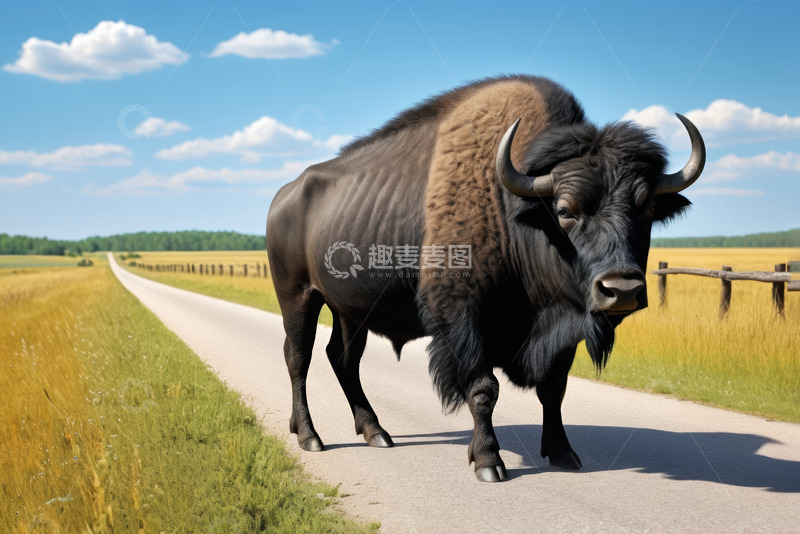 高清大图下载【趣麦麦图】野牛在道路上行走