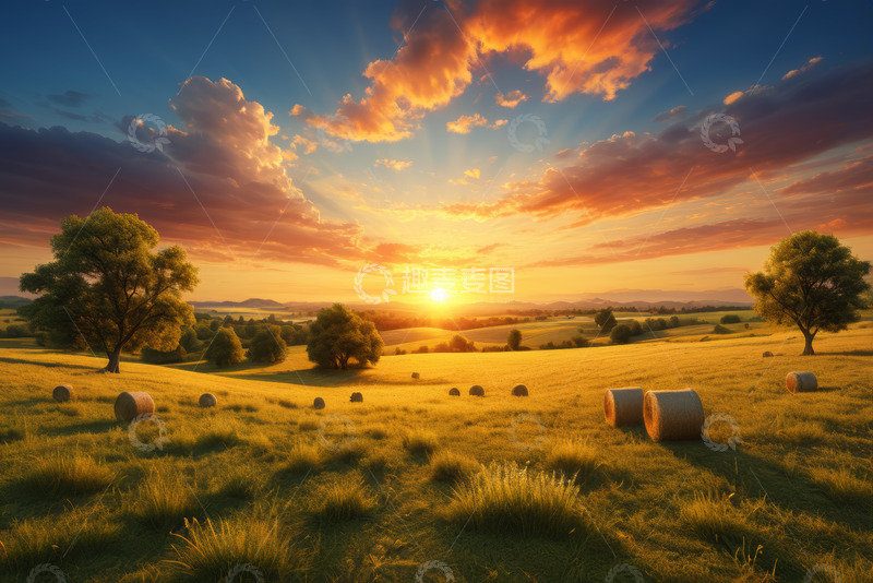 高清大图下载【趣麦麦图】田园夕阳下的草地与草垛