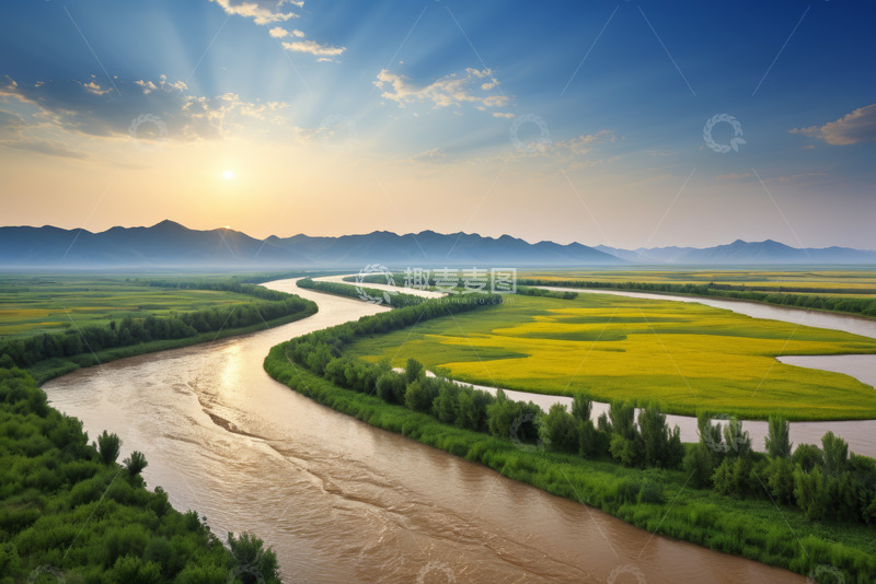 高清大图下载【趣麦麦图】河流田野与远山的自然风光