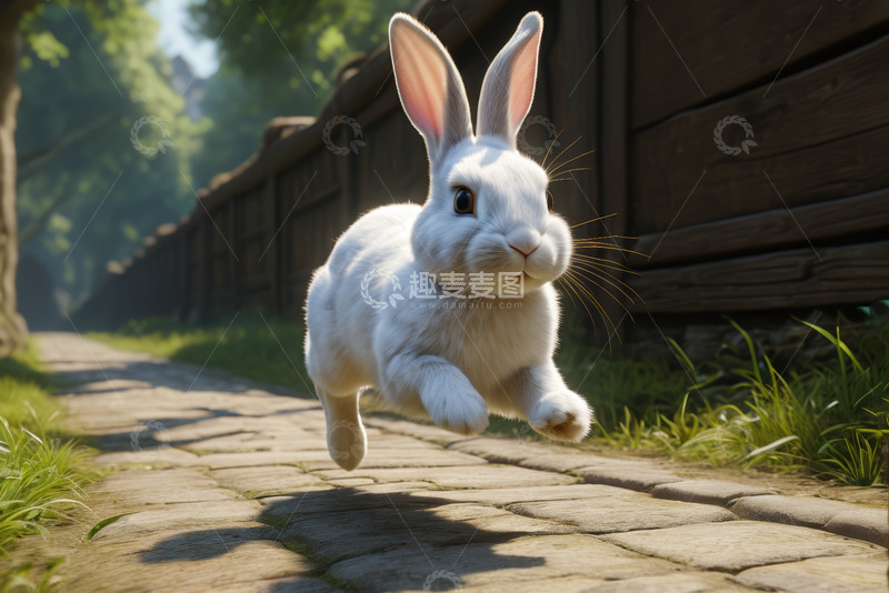 高清大图下载【趣麦麦图】奔跑的白兔于石板小径