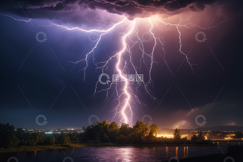 高清大图下载【趣麦麦图】闪电划破夜空下的自然景观