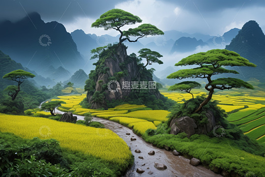 山间田野与松树自然风景