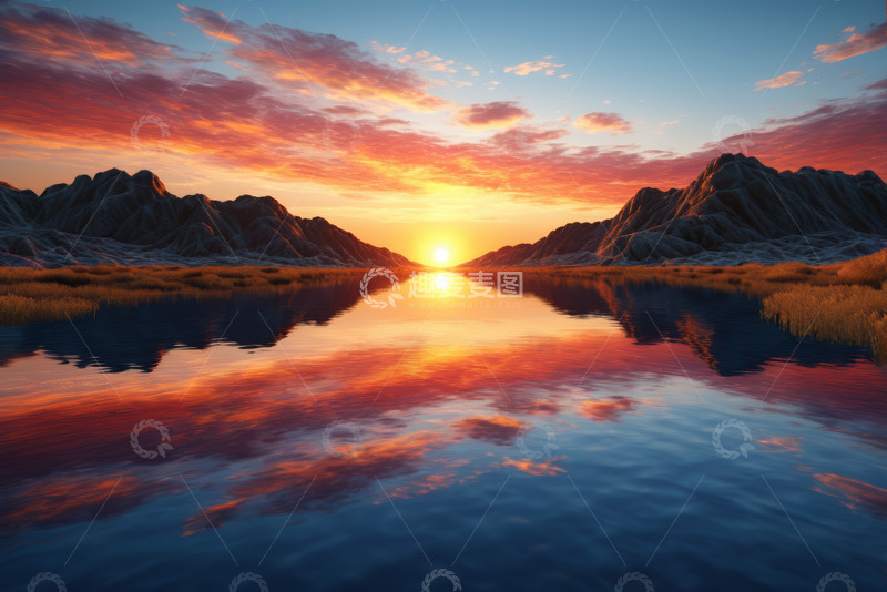 高清大图下载【趣麦麦图】山水间壮丽日出景象
