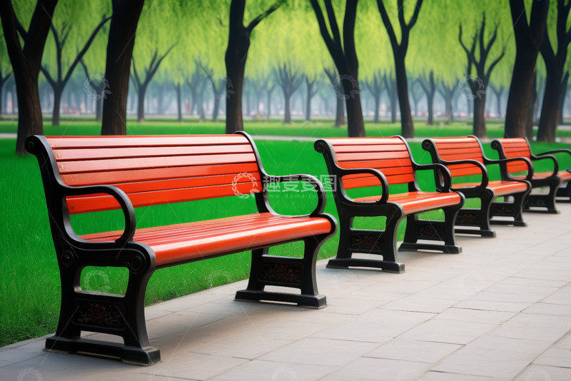 高清大图下载【趣麦麦图】公园内排列整齐的红色长凳