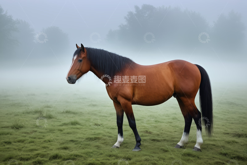 高清大图下载【趣麦麦图】雾中草原上站立的骏马