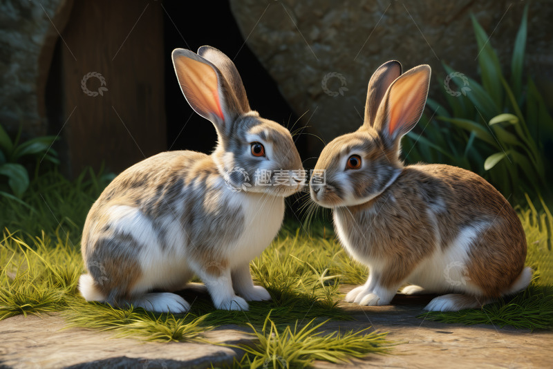 高清大图下载【趣麦麦图】两只兔子亲昵互动场景