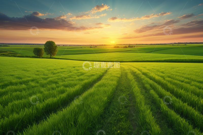 高清大图下载【趣麦麦图】夕阳下的绿色田野风光