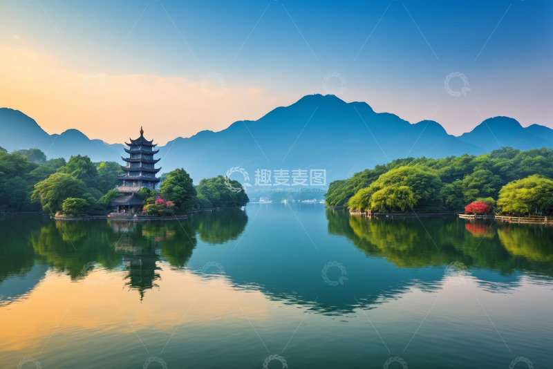 高清大图下载【趣麦麦图】湖畔古亭与山水风光