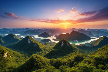 山水间日落自然风光全景