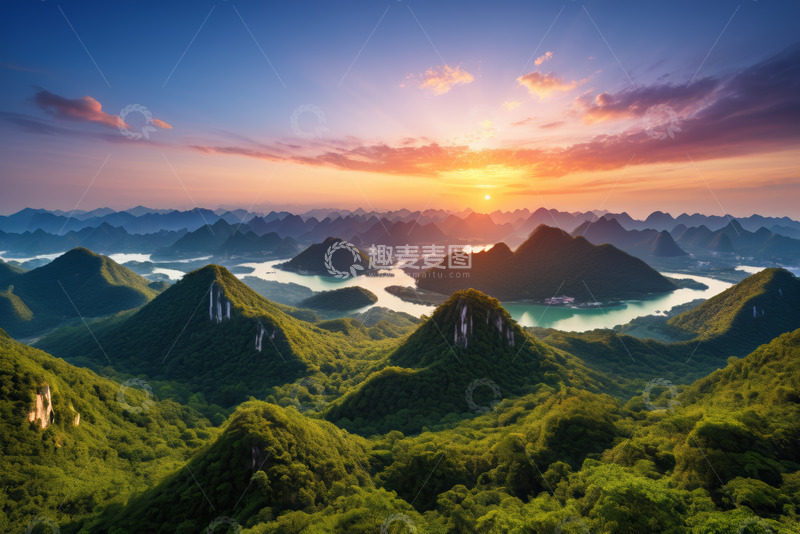 高清大图下载【趣麦麦图】山水间日落自然风光全景