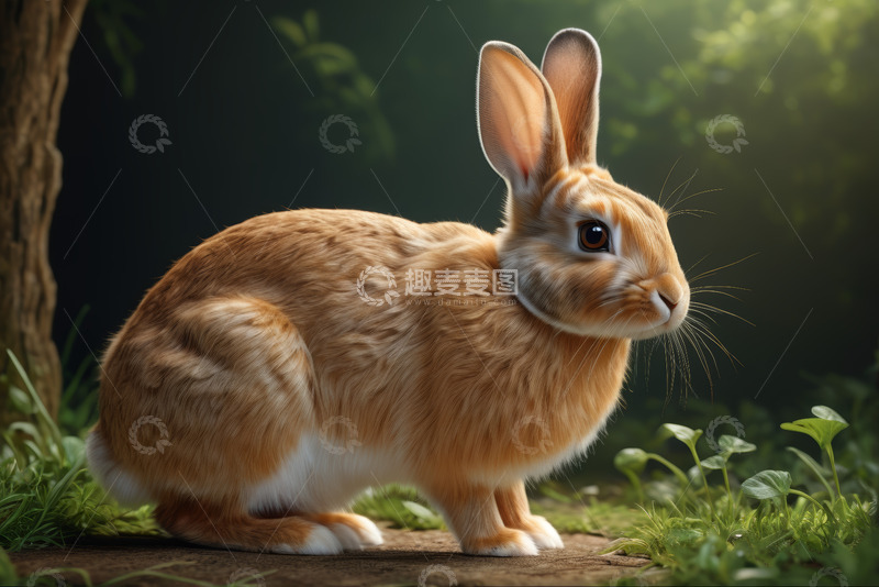 高清大图下载【趣麦麦图】森林中蹲坐的棕色兔子