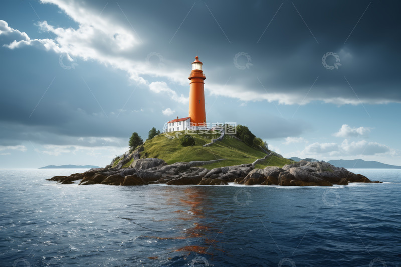 高清大图下载【趣麦麦图】海中小岛灯塔风景