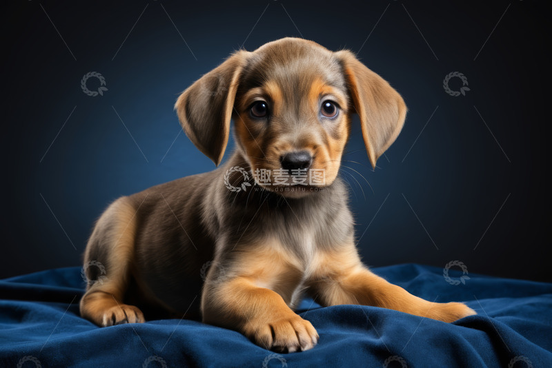 高清大图下载【趣麦麦图】可爱小狗趴在蓝色布上