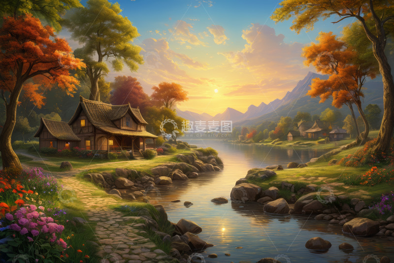 高清大图下载【趣麦麦图】湖畔小屋自然风光黄昏景色