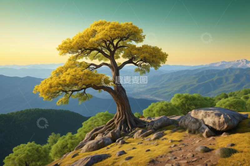 高清大图下载【趣麦麦图】山间孤树与远山风景