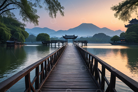 杭州西湖黄昏木桥风景