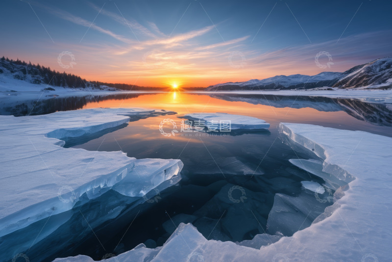 高清大图下载【趣麦麦图】冰雪湖面日出自然风光