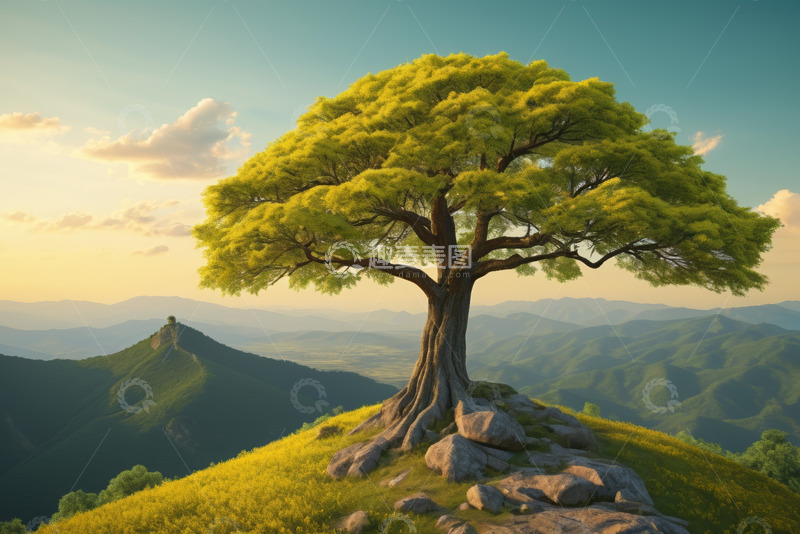 高清大图下载【趣麦麦图】山顶孤树与远山风景