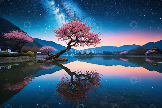 湖畔星空下盛开的粉色樱花树
