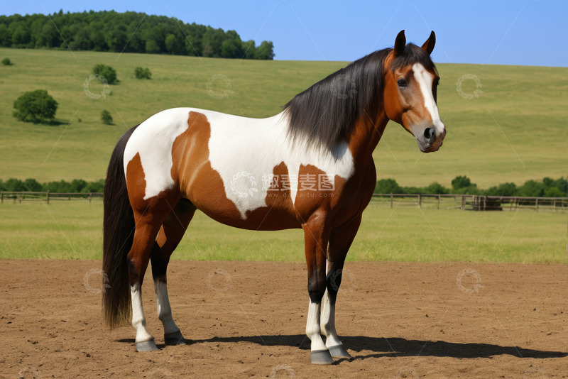 高清大图下载【趣麦麦图】牧场中站立的棕白相间马匹