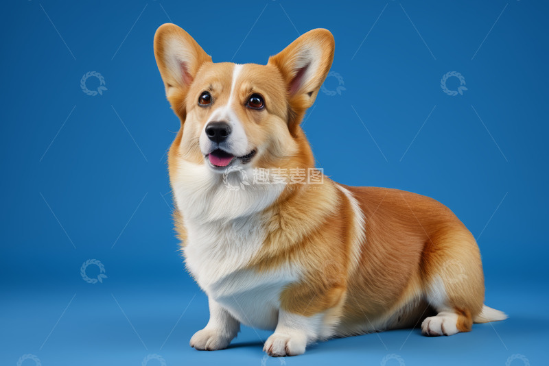 高清大图下载【趣麦麦图】蓝色背景前的可爱宠物狗
