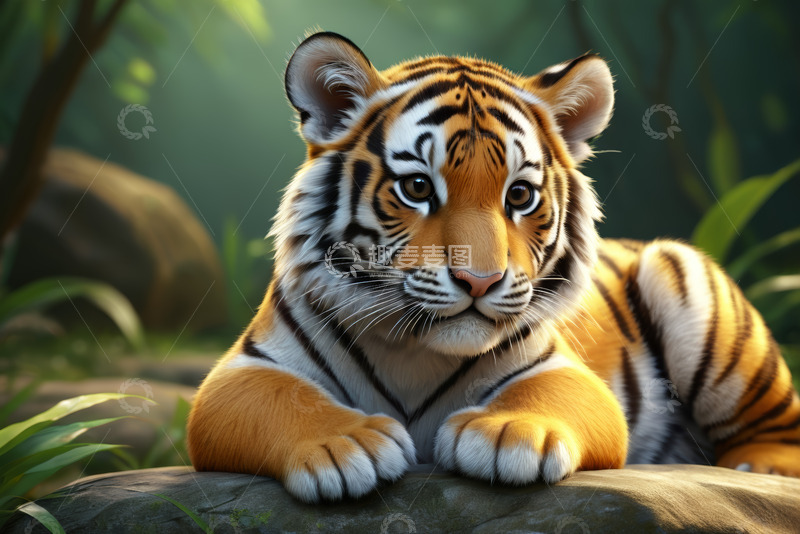 高清大图下载【趣麦麦图】趴卧在岩石上的老虎