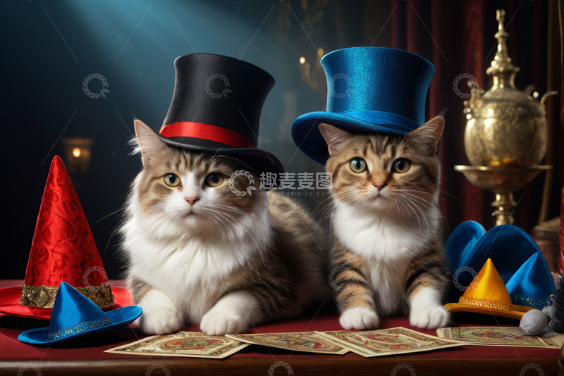 高清大图下载【趣麦麦图】戴礼帽的两只猫咪特写