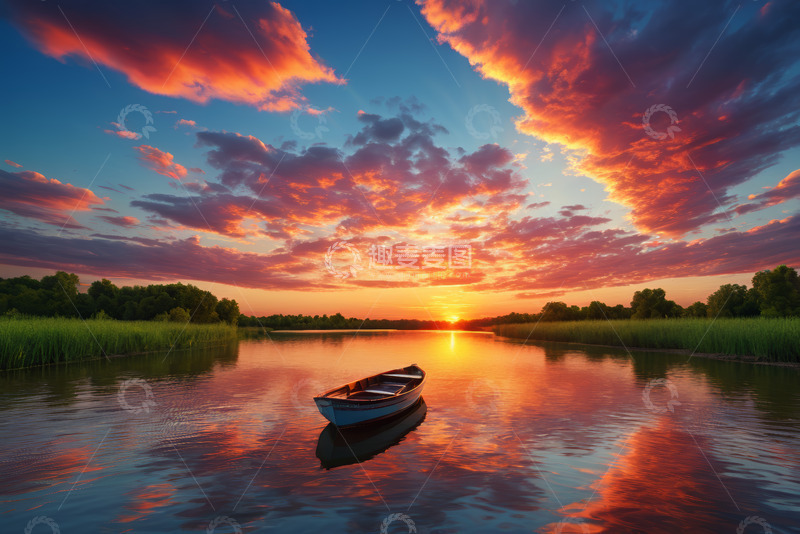高清大图下载【趣麦麦图】河畔落日小船风景